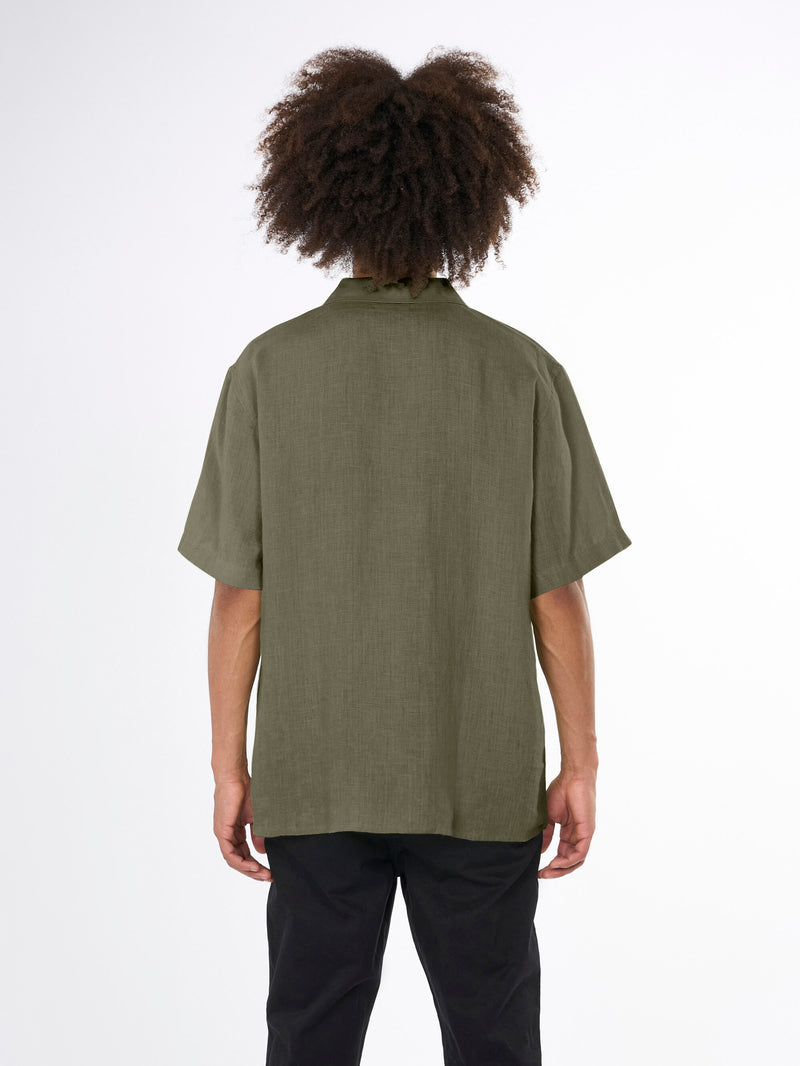KnowledgeCotton Apparel - MEN Box fit short sleeved linen shirt Shirts 1068 Burned Olive