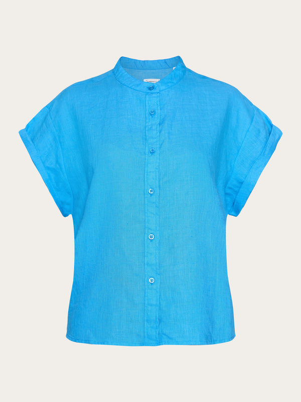 KnowledgeCotton Apparel - WMN Collar stand short sleeve linen shirt Shirts 1445 Malibu Blue