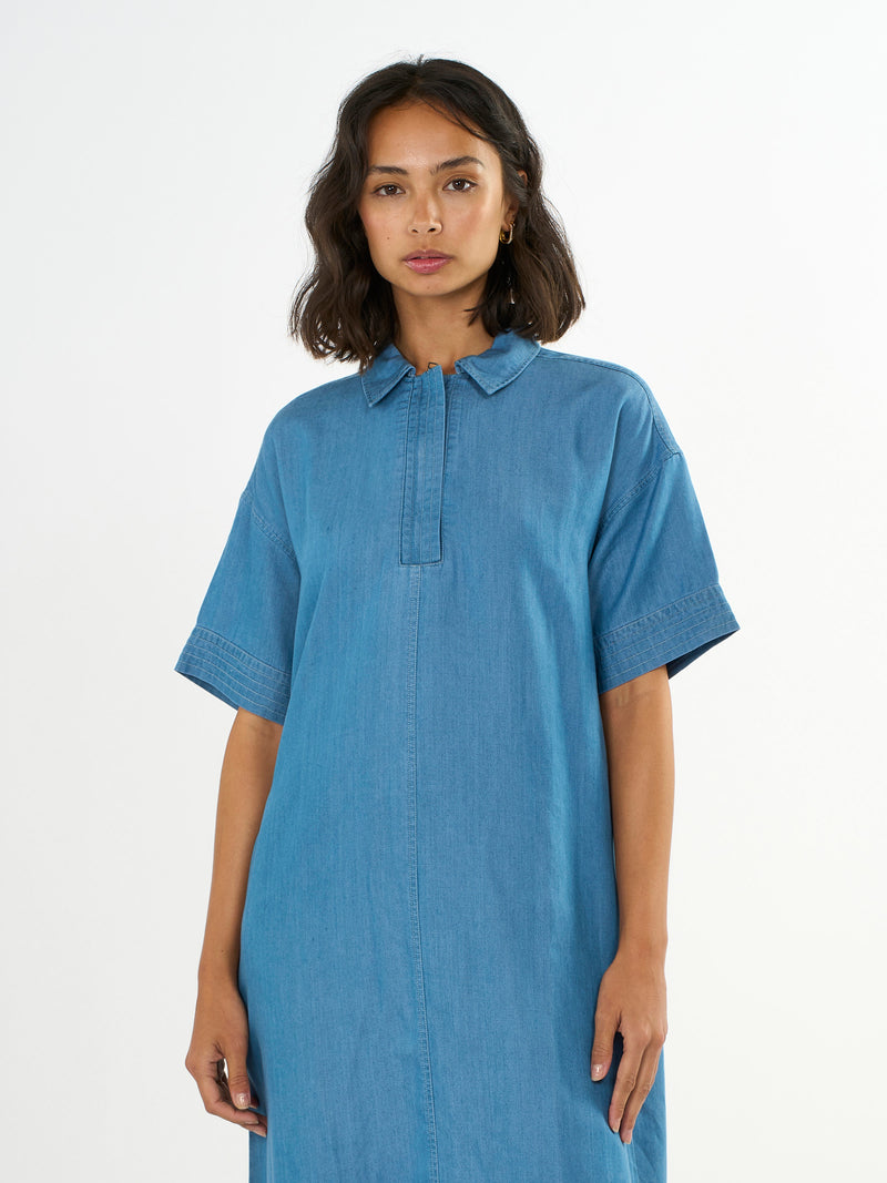 KnowledgeCotton Apparel - WMN A-shape denim Tencel™ dress Dresses 3035 Vintage Indigo