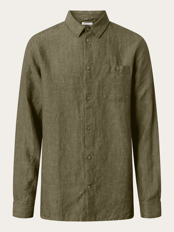 KnowledgeCotton Apparel - MEN Linen custom fit LS shirt Shirts 1068 Burned Olive